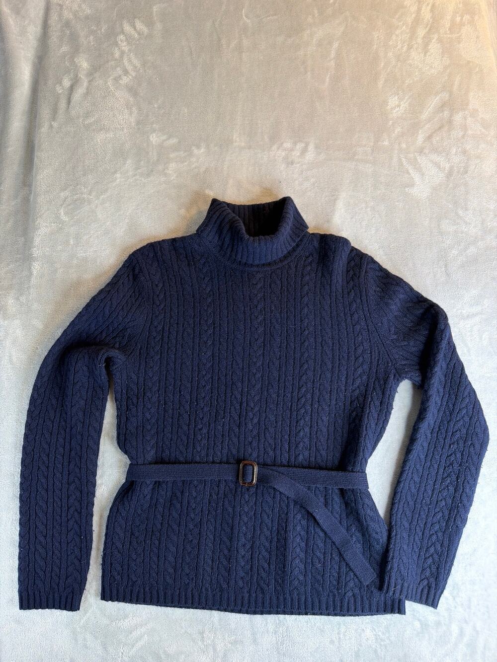 Vintage Ralph Lauren Cable Knit Turtleneck Sweater Belted Navy Blue Cashmere L